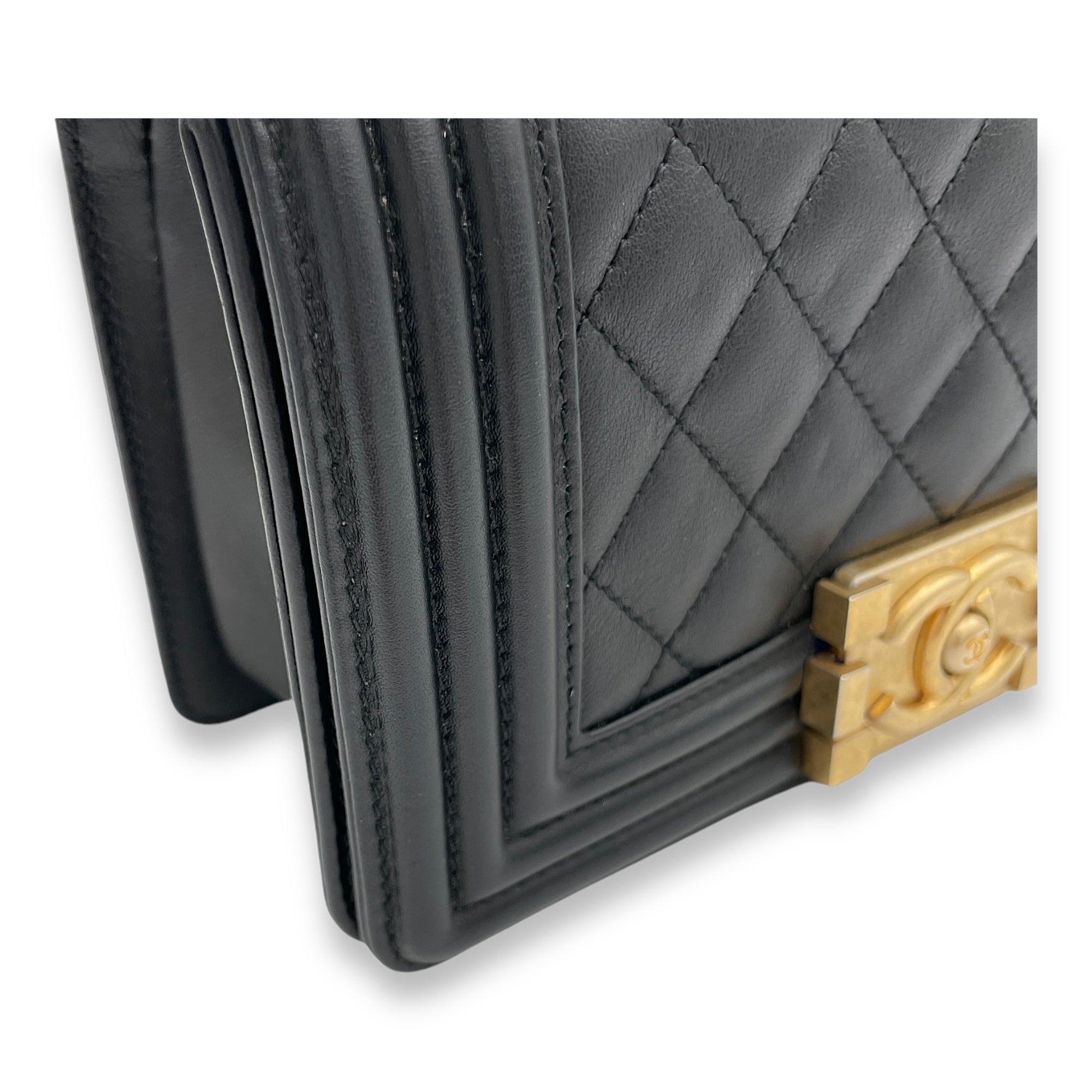 Boy Small Crossbody Bag Black in Calfskin, Brushed Gold - Image 11