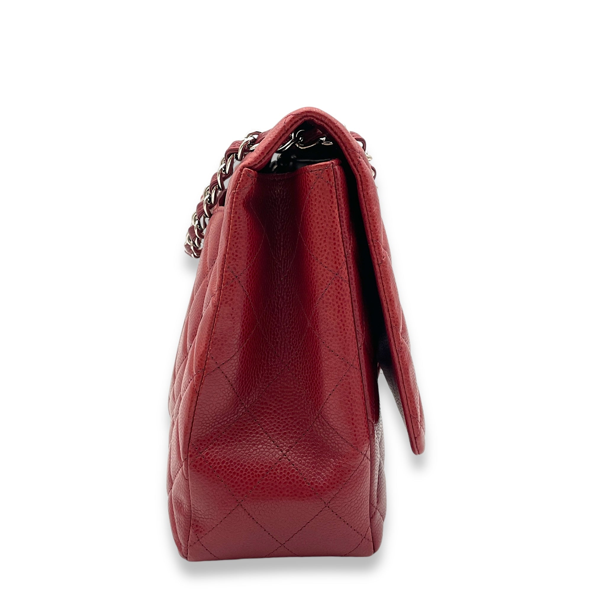 Classic Single Flap Red Shoulder Bag in Caviar Leather, Silver hardware - Image 4