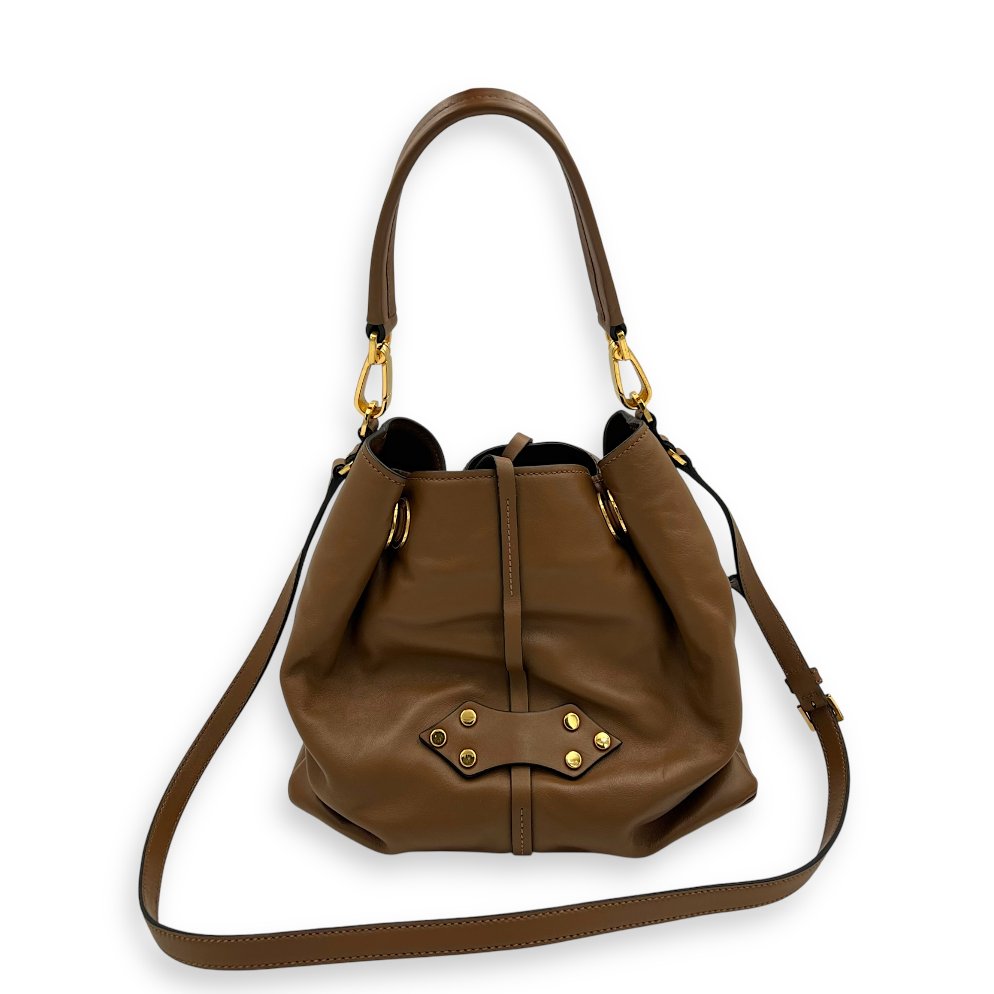 Studs Bucket Bag Brown in Nappa Leather, Gold hardware - Image 8