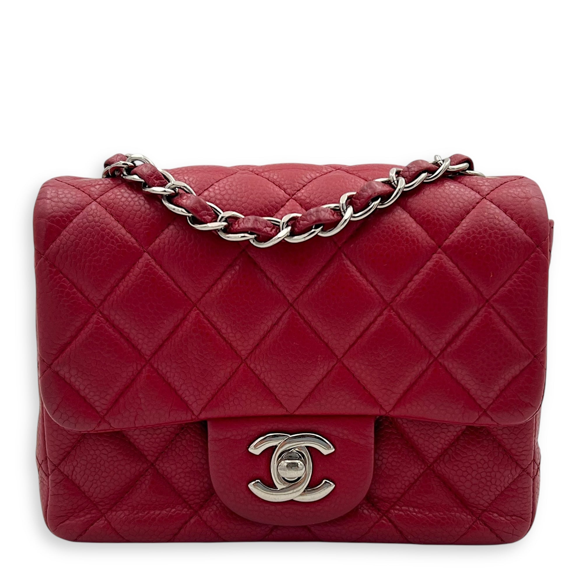 CC Mini Square Shoulder Bag Red in Caviar Leather, Silver hardware