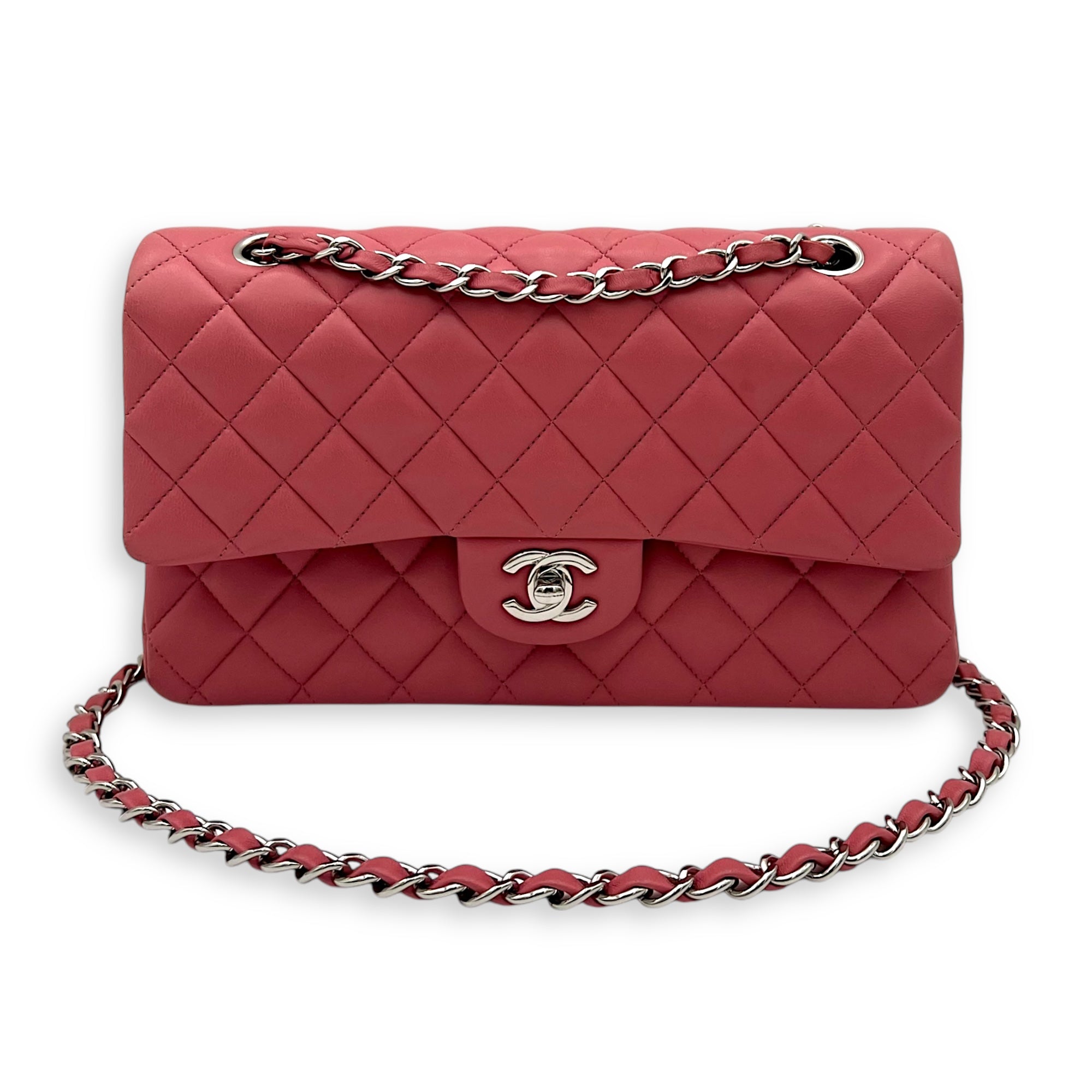 Classic Medium Pink Shoulder Bag in Lambskin, Silver hardware - Image 16