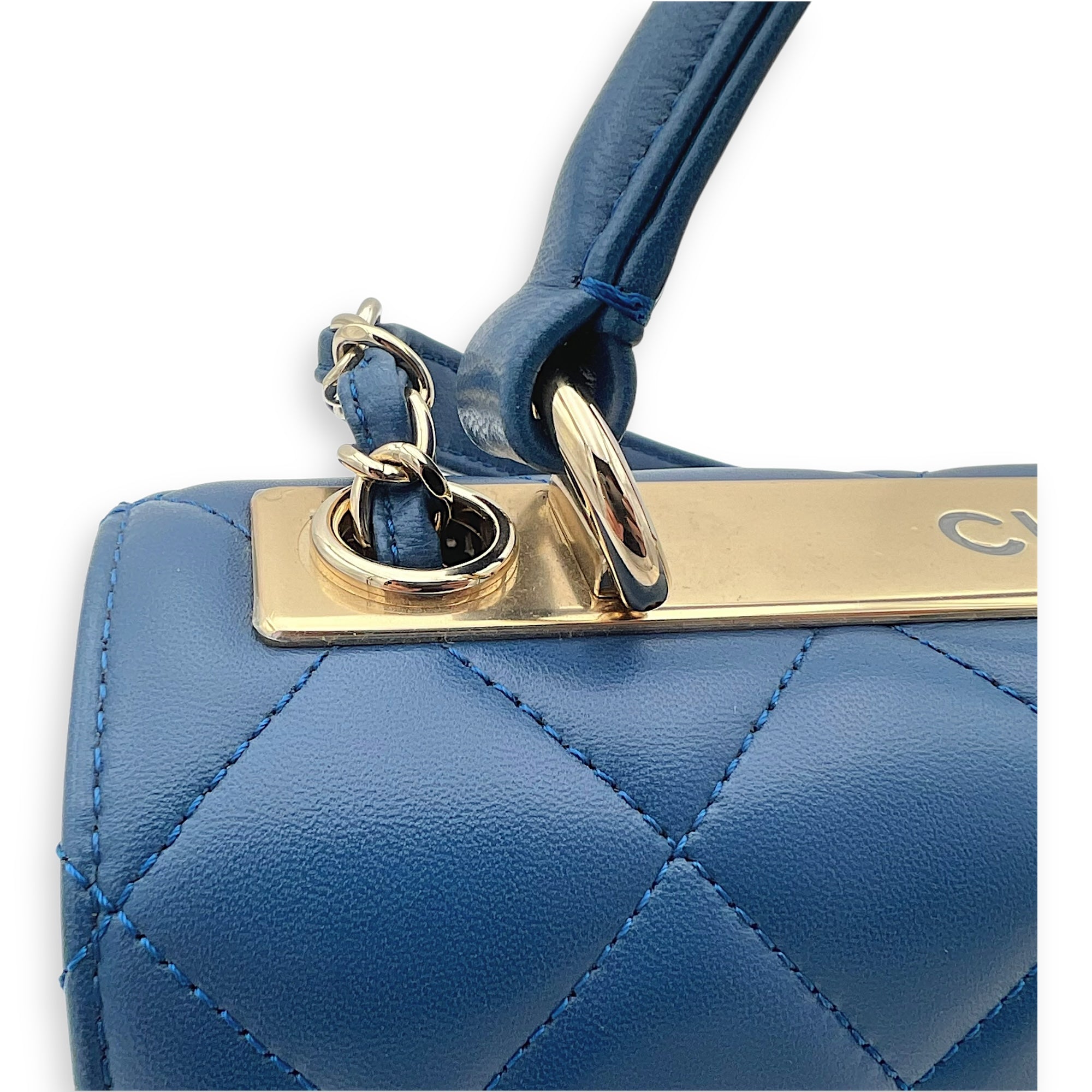 Trendy CC Top Handle Bag Blue in Lambskin, Gold hardware - Image 10