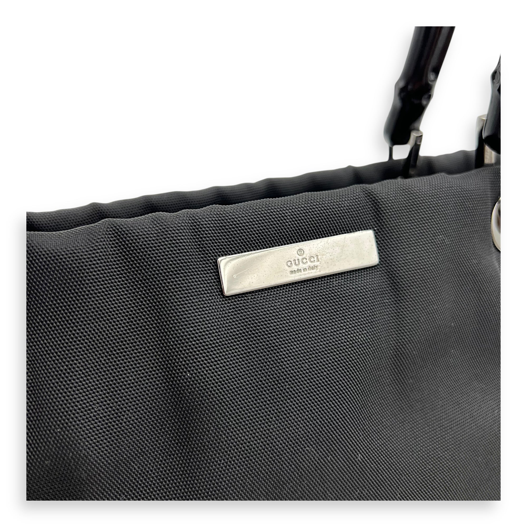 Bamboo Black Top Handle Bag in Nylon, Silver hardware - Image 8