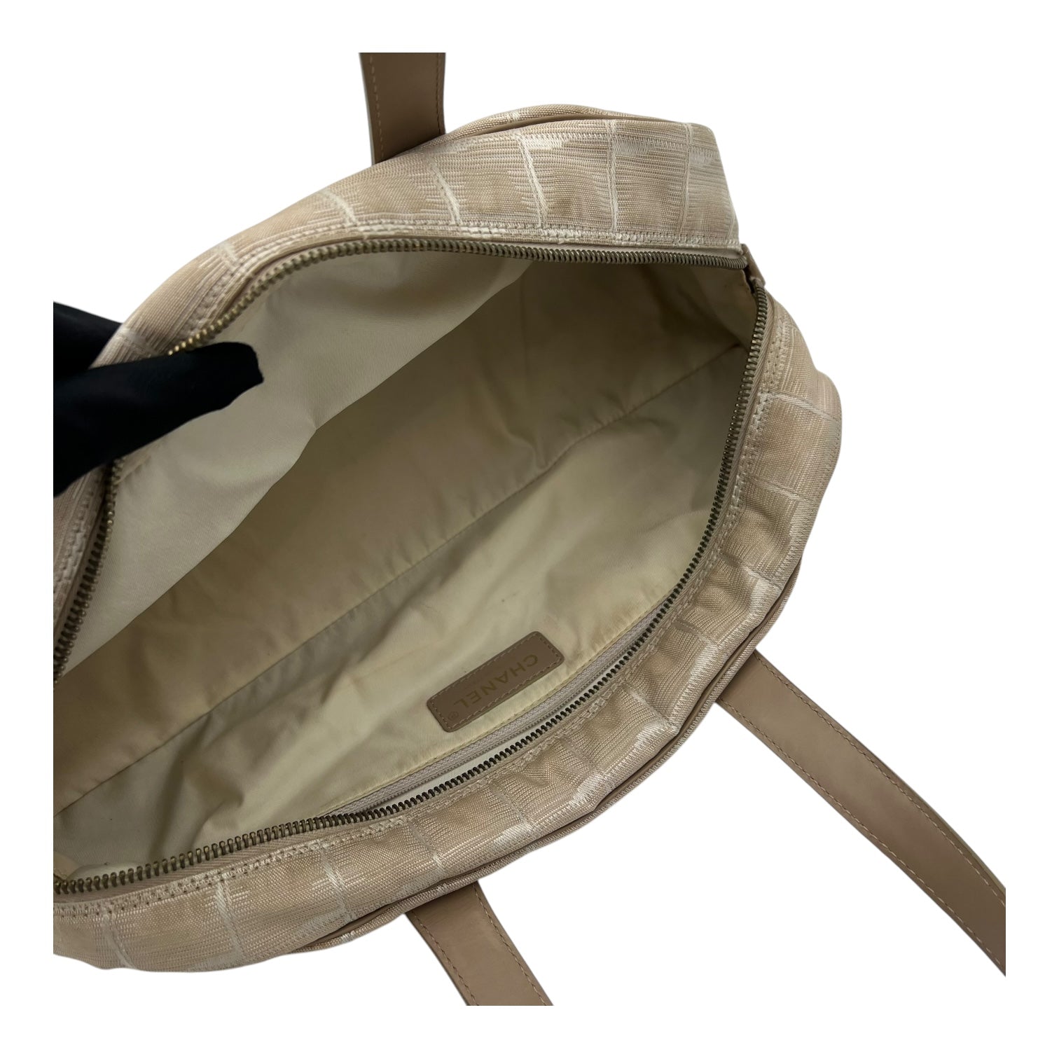 Travel Line Top Handle Bag Beige in Jacquard, Gold hardware - Image 15