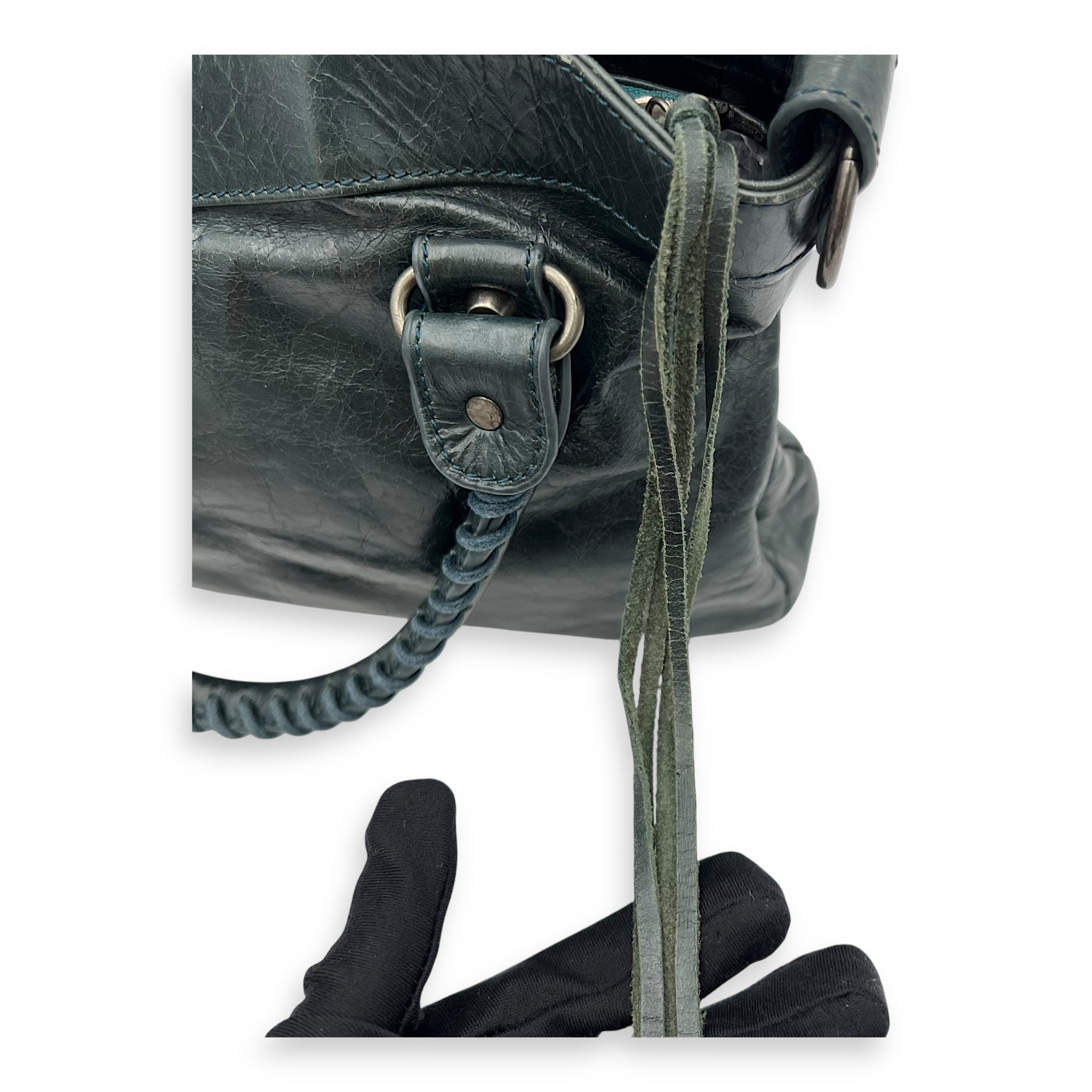 First Green Top Handle Bag in Calfskin, Silver hardware - Image 15