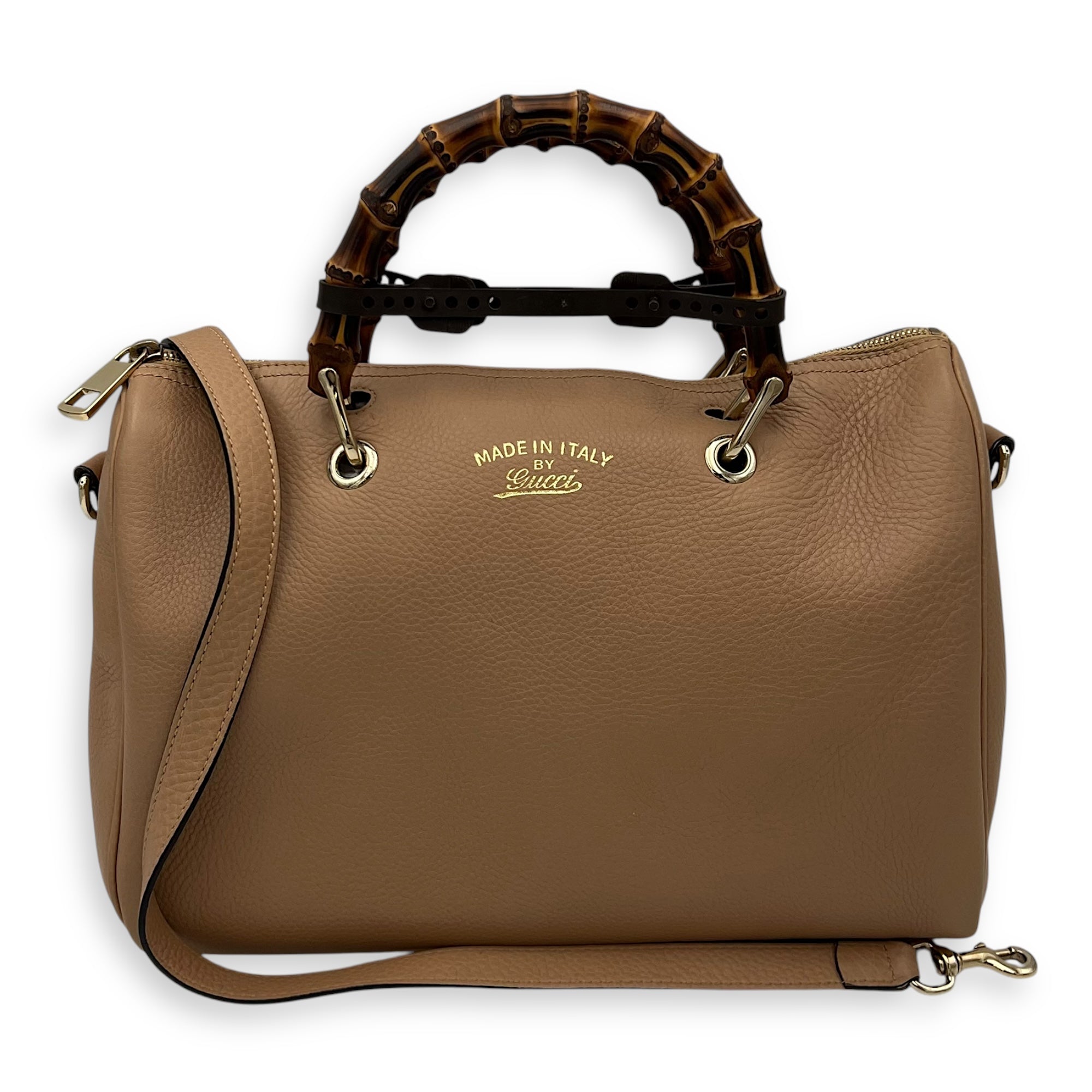 Bamboo Medium Beige Top Handle Bag in Calfskin, Gold hardware - Image 14