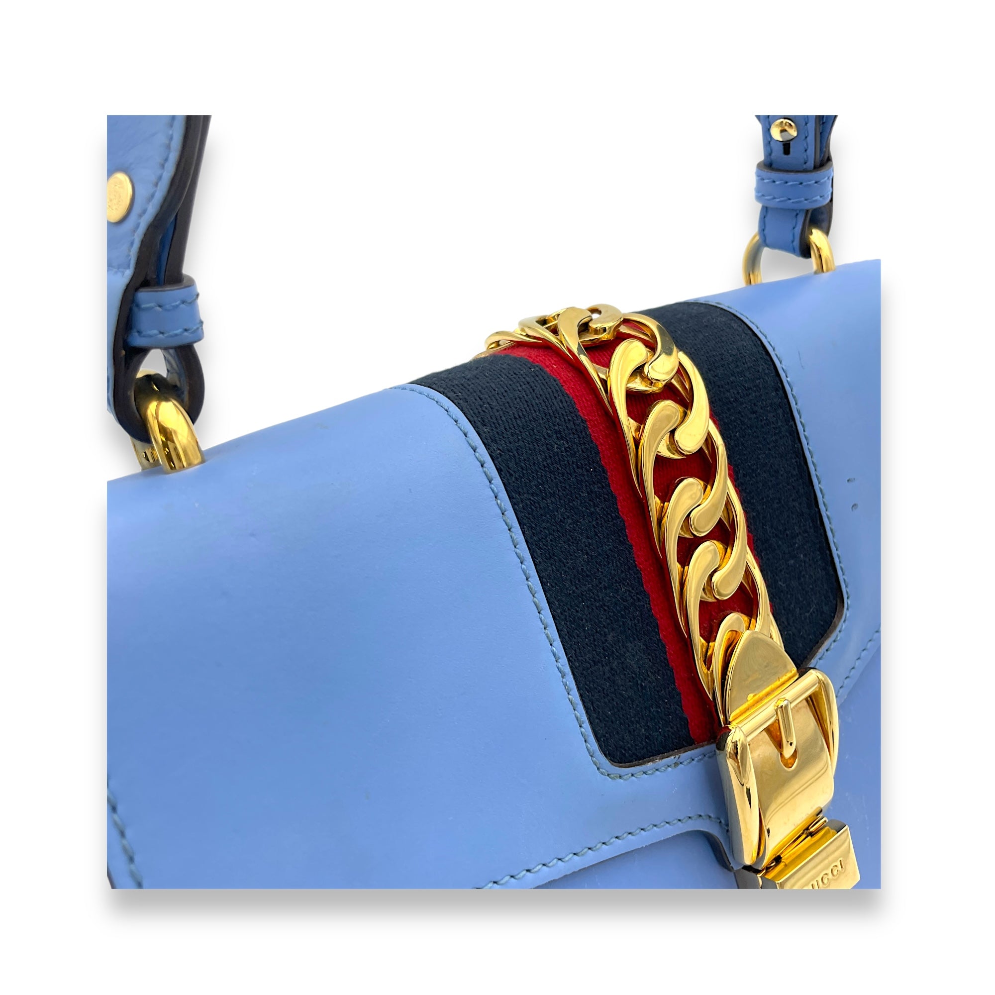 Sylvie Small Blue Shoulder Bag in Calfskin, Gold hardware - Image 7