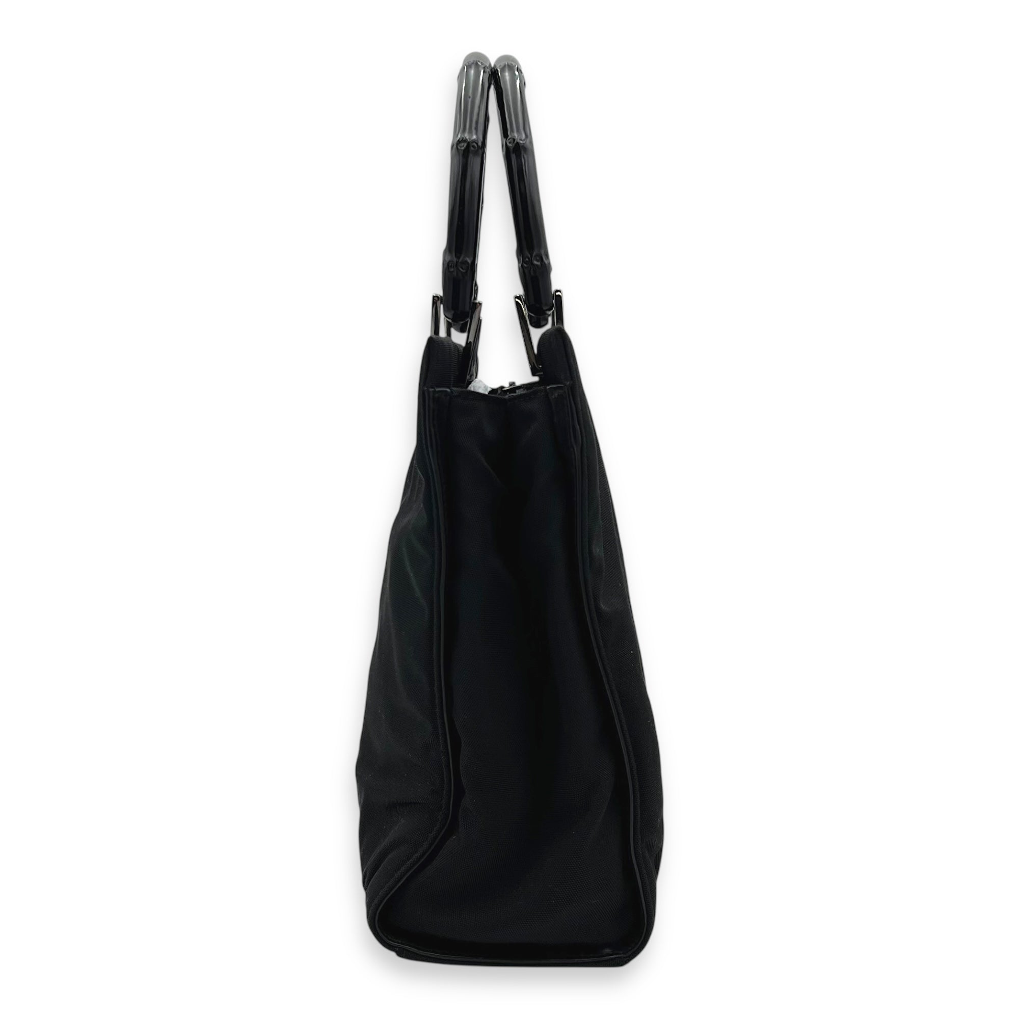 Bamboo Black Top Handle Bag in Nylon, Silver hardware - Image 5