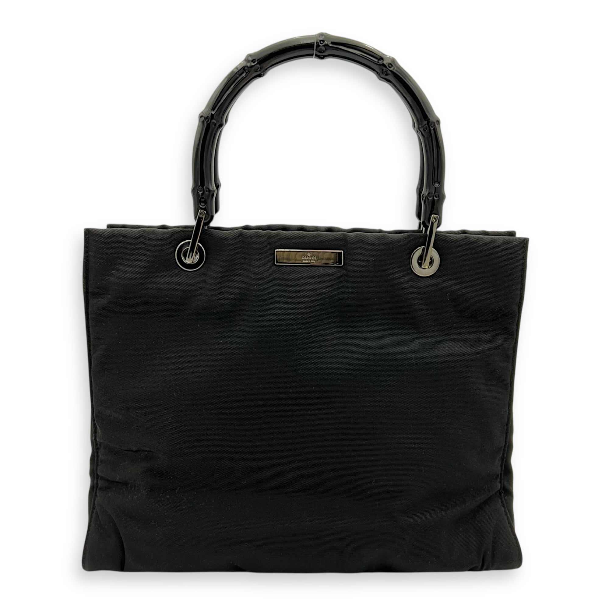 Bamboo Black Top Handle Bag in Nylon, Silver hardware