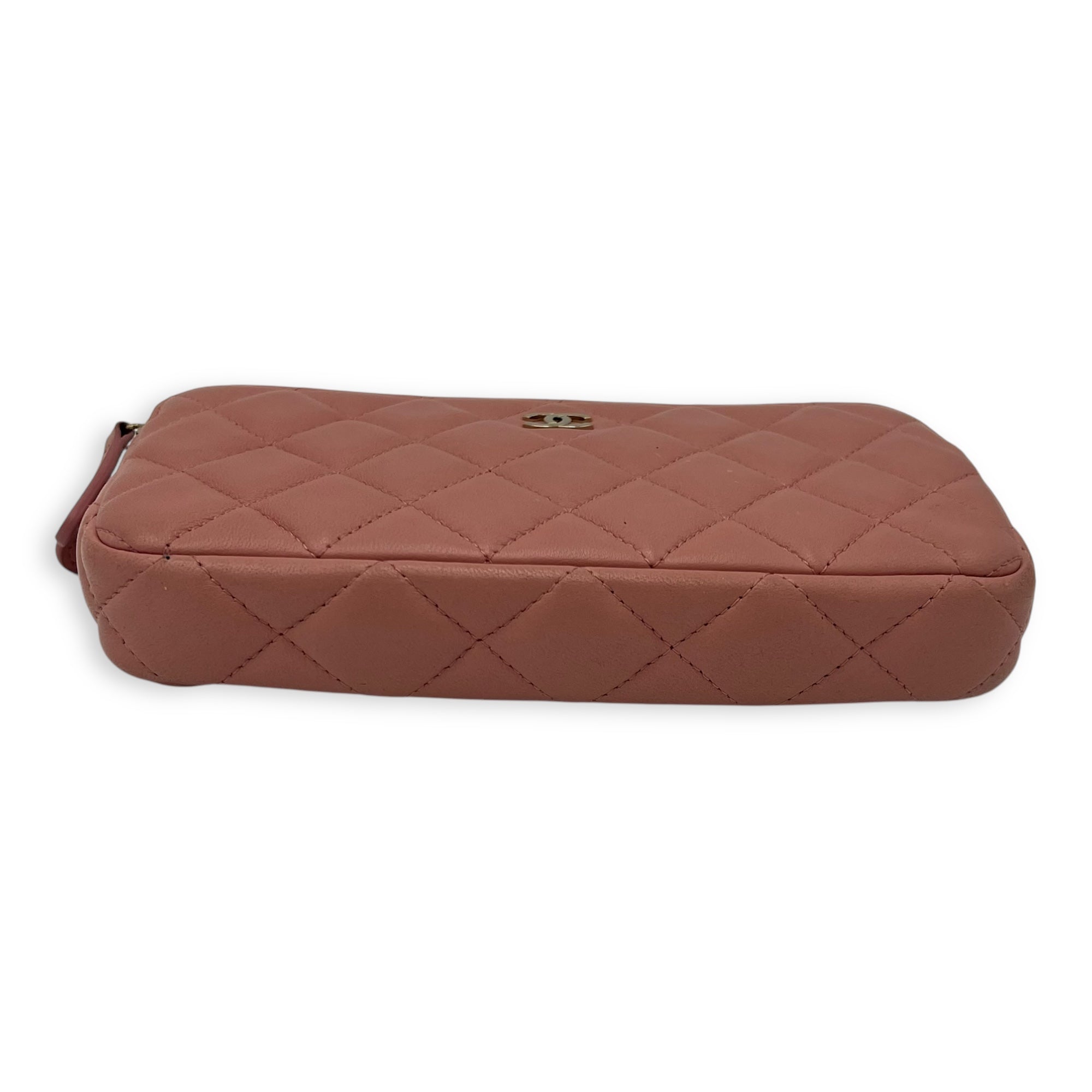 Double Zipped Pink Clutch with Chain in Lambskin, Gold hardware - Image 6