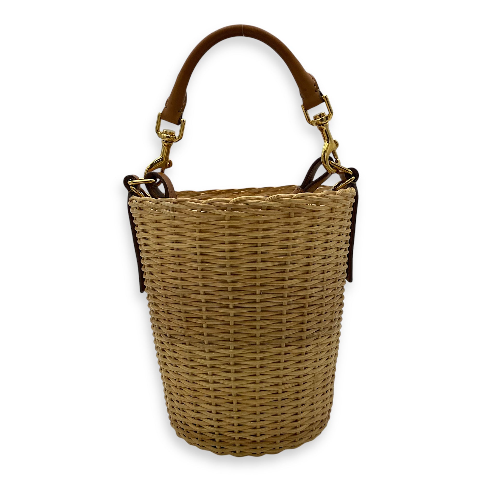 Wicker Bucket Brown Top Handle Bag in Rattan, Gold hardware