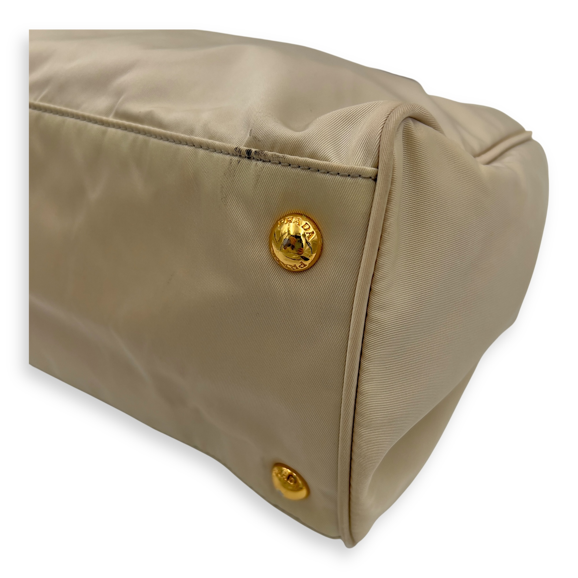 Logo Top Handle Bag Beige in Nylon, Gold hardware - Image 11