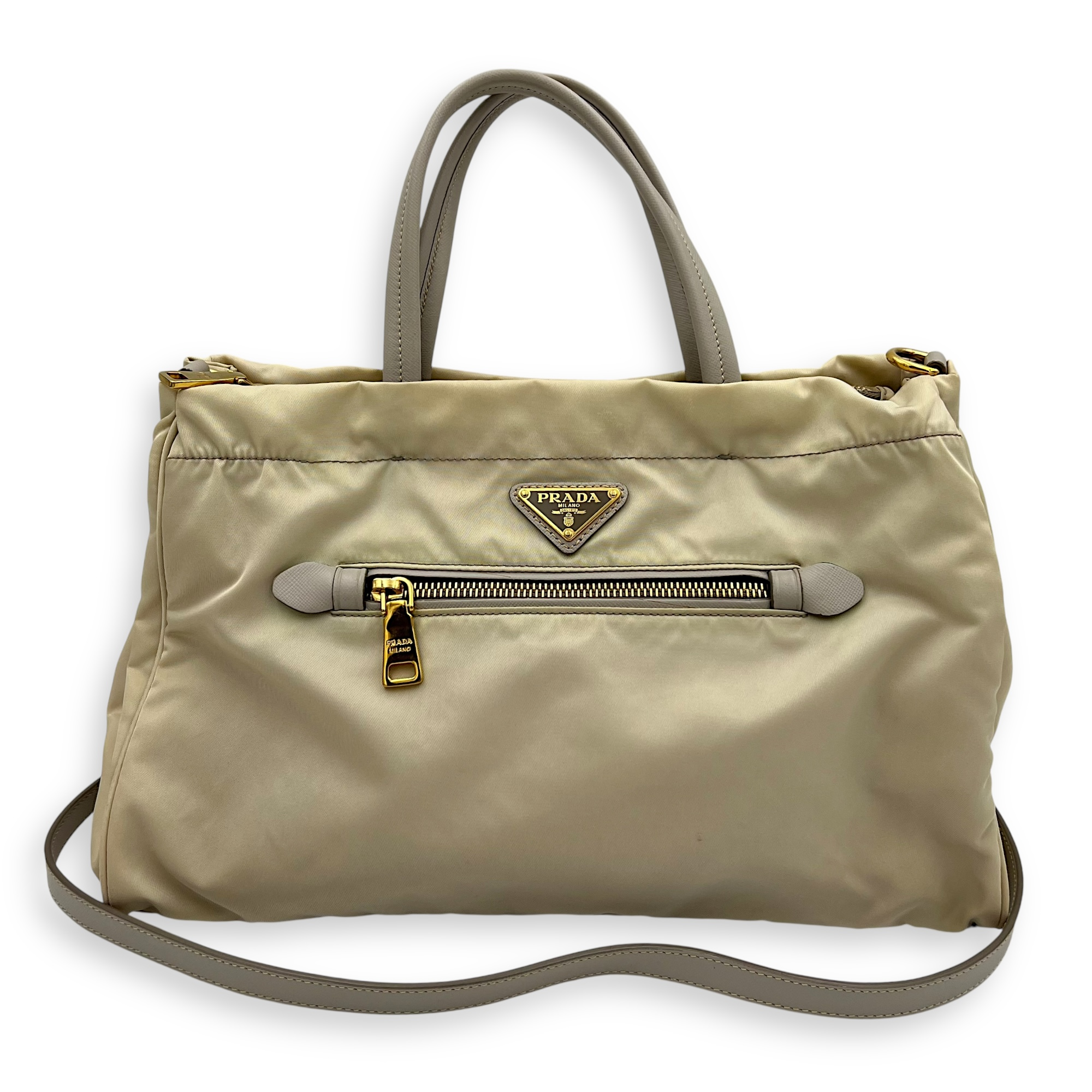 Logo Top Handle Bag Beige in Nylon, Gold hardware - Image 12