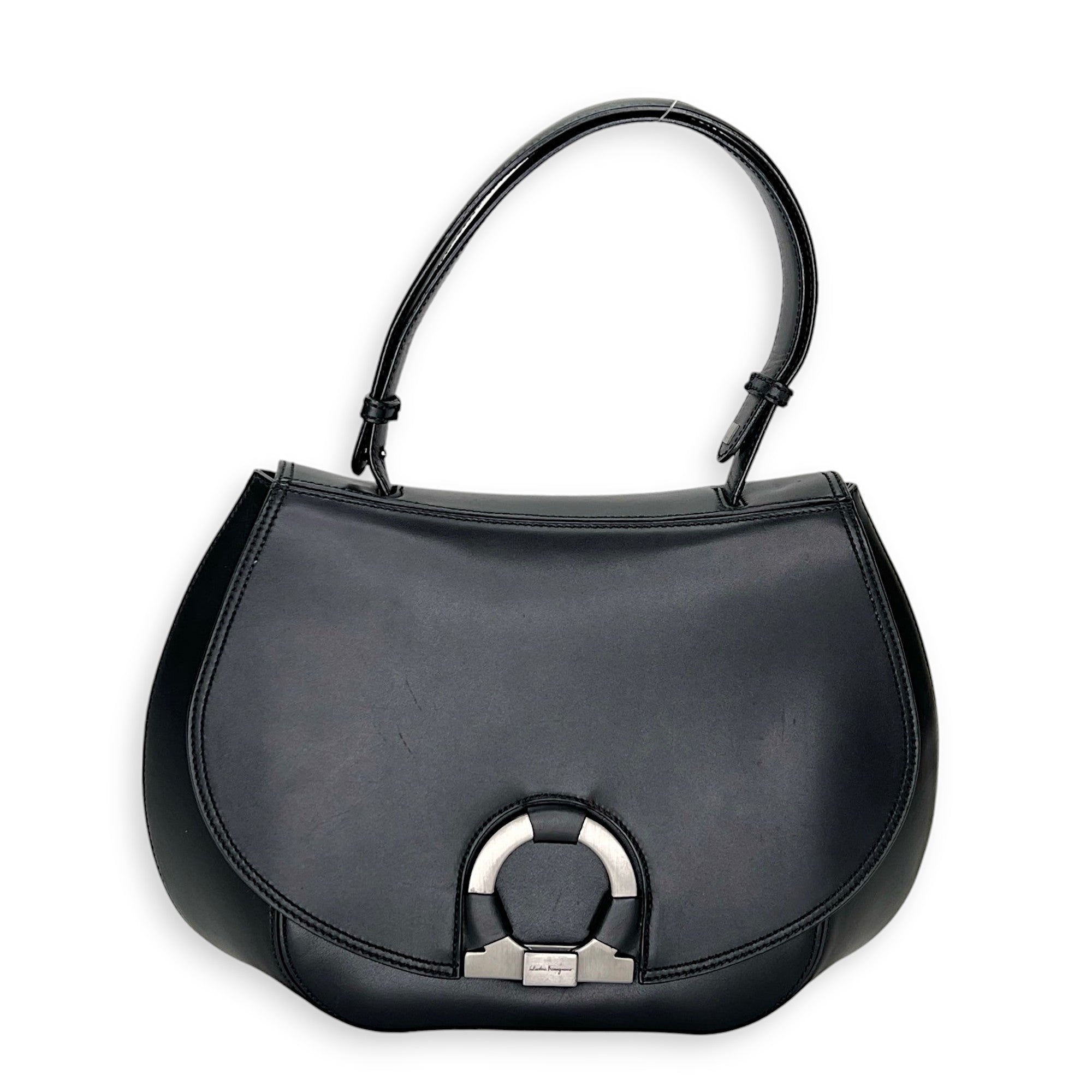 Gancini Flap Black Top Handle Bag in Calfskin, Silver hardware